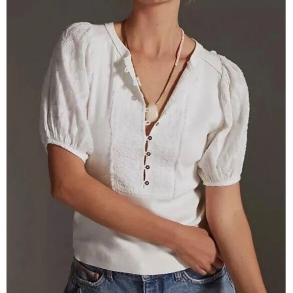 Pilcro and the Letterpress Tops - Anthropologie Pilcro White Ribbed Puff Sleeve Blouse S
